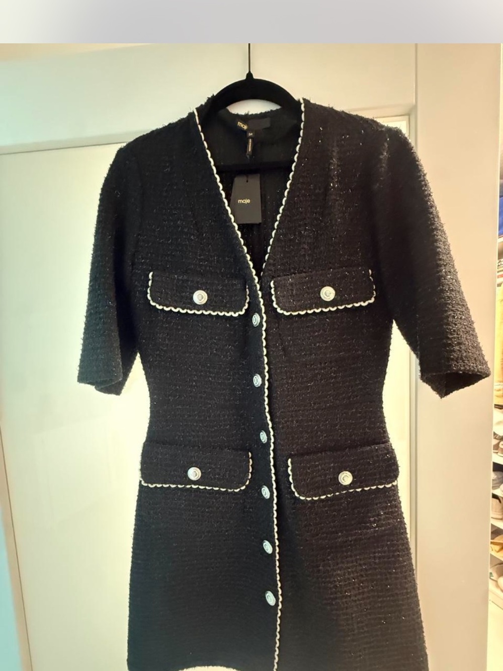 Maje Black Tweed Short-Sleeve Button Front Coat with White Trim